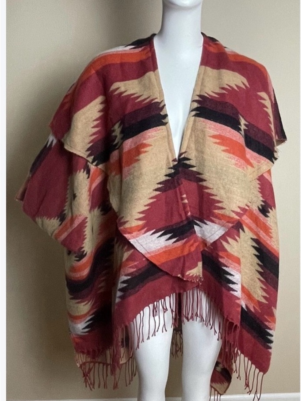 Women's Aztec Fringe Shawl Wrap in Red and Tan